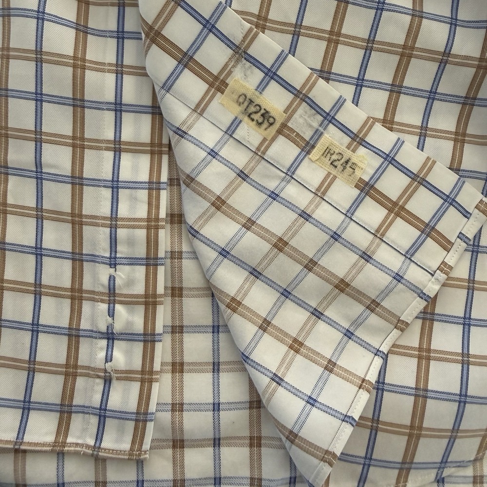 David Donahue Shirt Mens 17.5 34/35 Cotton Plaid Button Up Long Slv Brown Blue - Picture 7 of 13